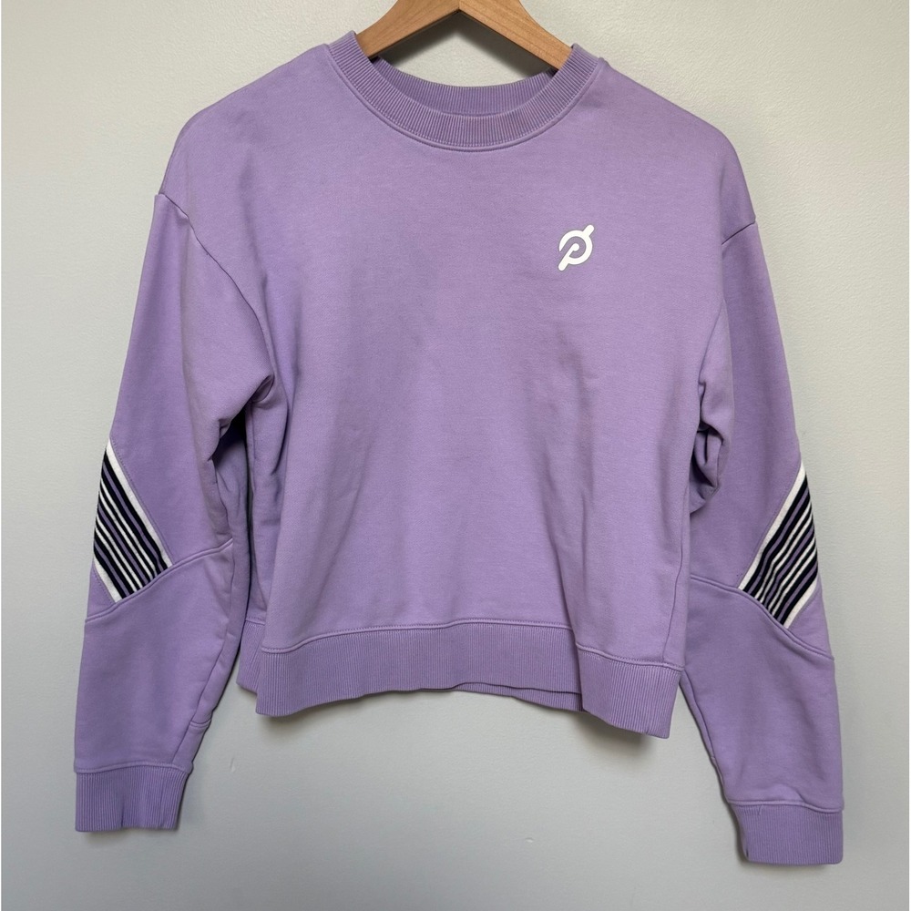 Peloton Women's‎ Striped Sleeve Logo Cropped Purple Crewneck Sweatshirt Size S